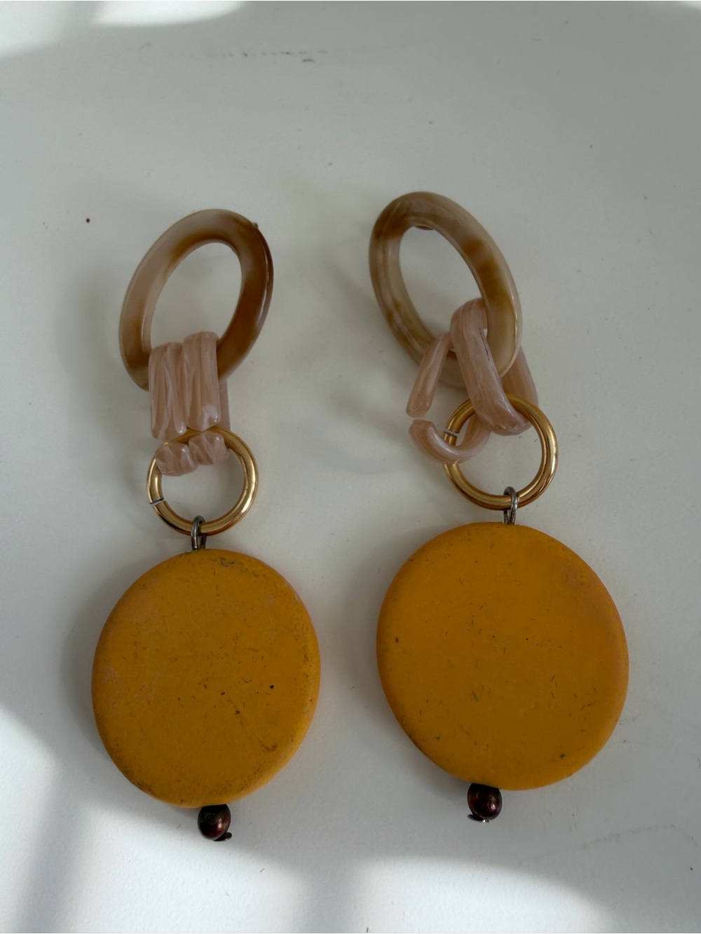 Yellow Disc Drop Earrings with Beige Links